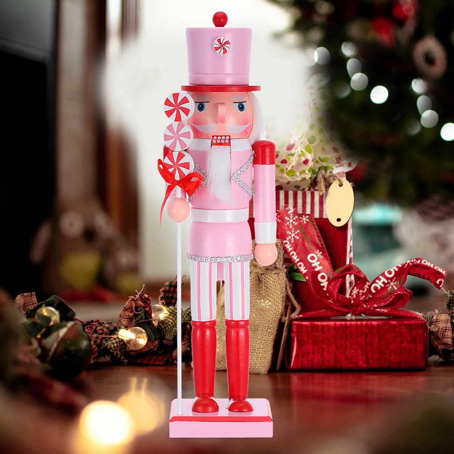 Pink Candy Soldier Nutcracker Figurine, Wooden Christmas Nutcracker Decoration with Lollipop Design, Traditional Holiday Tabletop Ornament for Festive Home Display