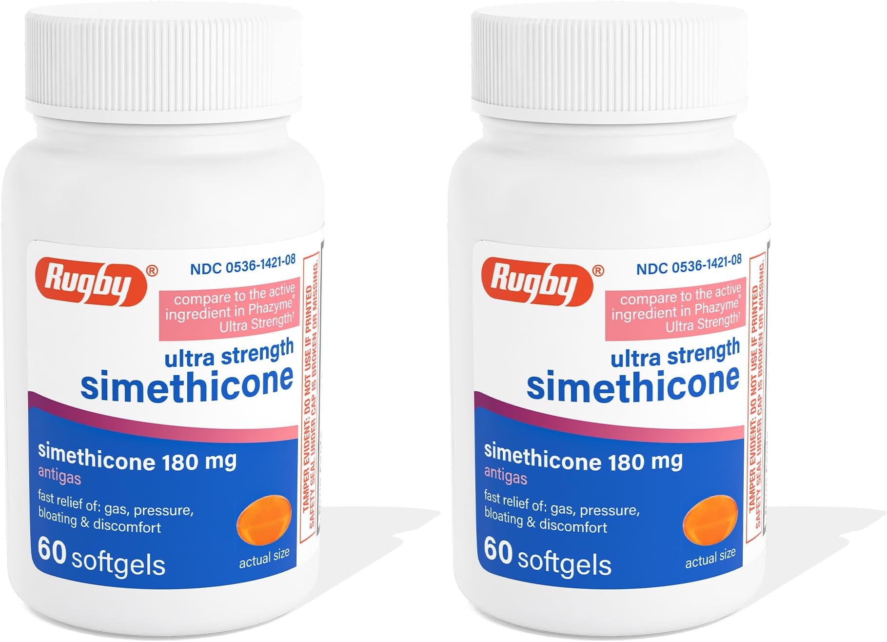 Rugby Ultra Strength Simethicone Gas Relief 180 mg - Maximum Relief for Adults - May Help with Symptoms of Flatulence & Bloating - 60 Softgels (2 Pack)