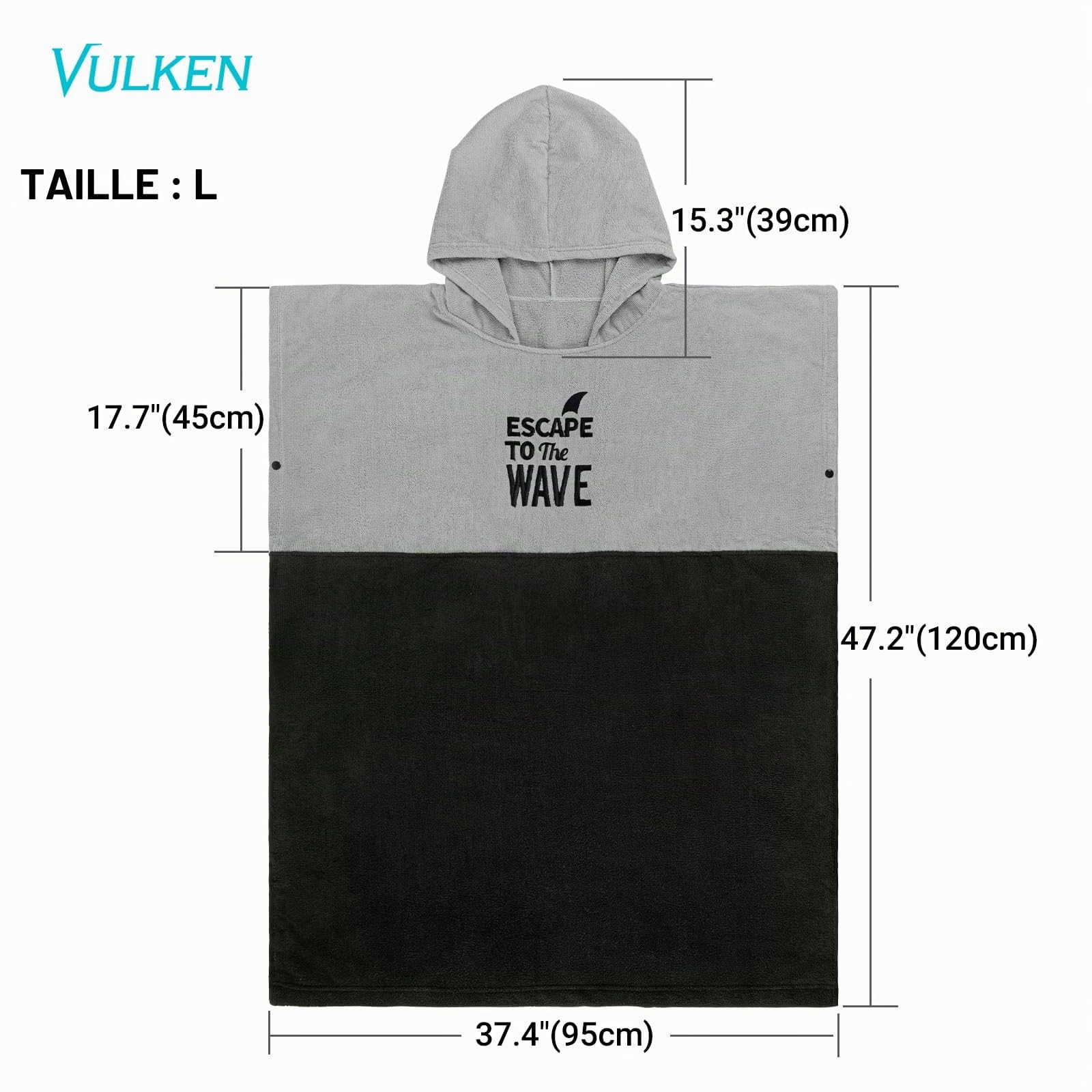 Vulken Peignoir de bain/poncho à capuche Extra Large Pour femme et homme En Microfibre Pour Plage Piscine Lac Parc aquatique, Gris noir - L/XL., L-XL