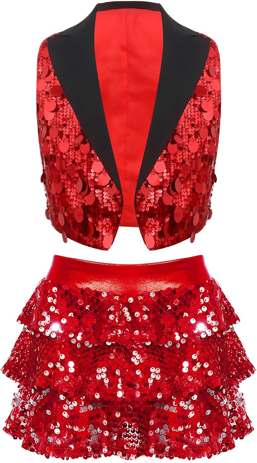Jhaoyu Kids Sleeveless Hip-hop Jazz Dance Top Sequins Tiered Ruffle Skirted Shorts for Stage Costuming Red 12 Years