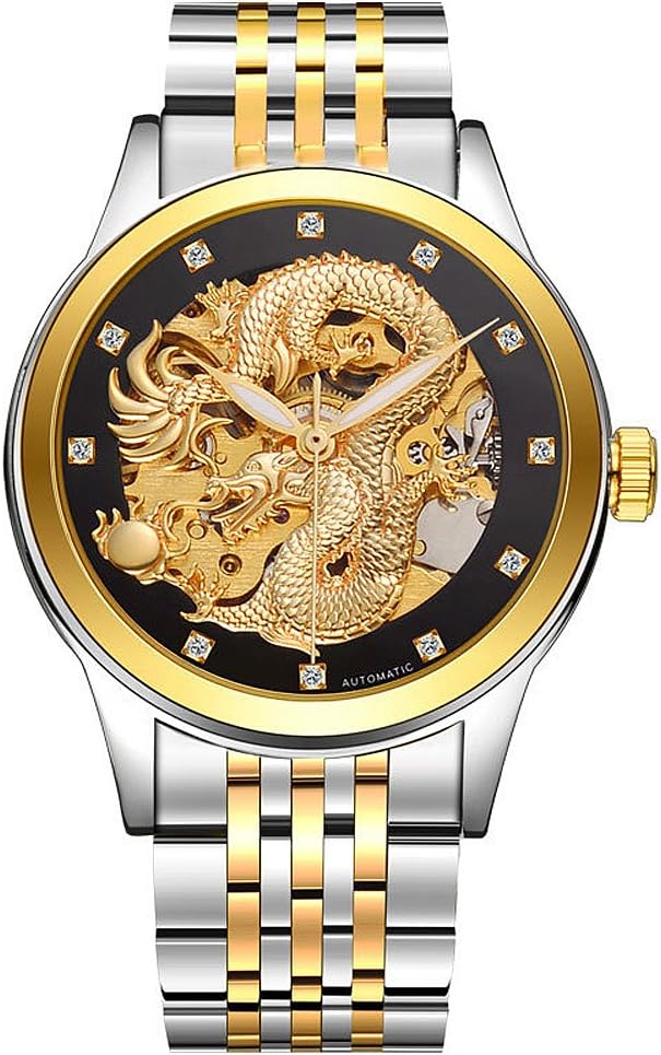Mens Luxury Automatic Mechanical Dragon Skeleton Wrist Watches Gold Two-Tone Stainless Steel Analog Casual Watch