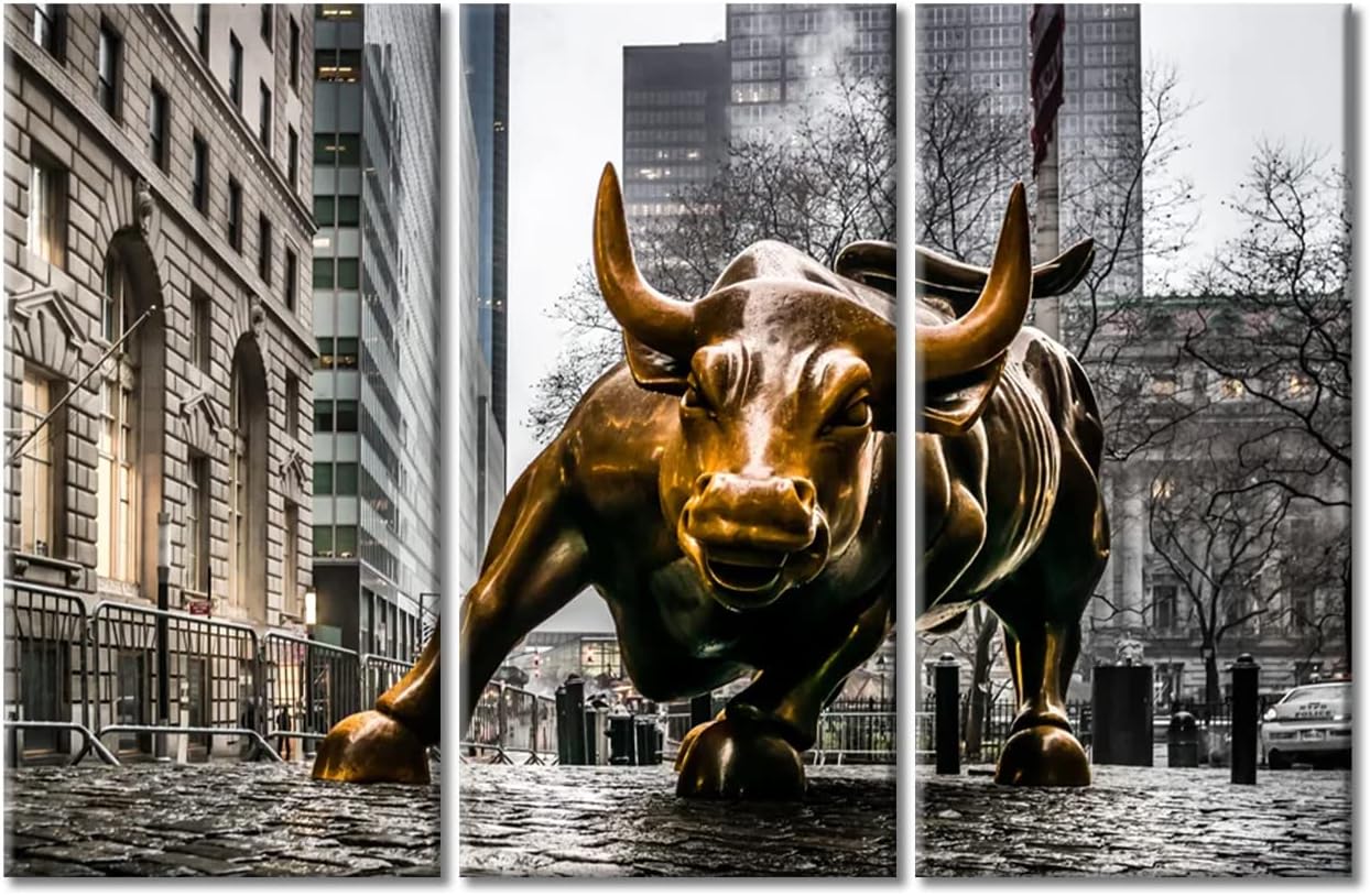 TUMOVO Modern Wall Decor 3 Panel Powerful Copper Bull Wall Art for Living Room Office Wall Decor Copper Bull Picture Painting Print on Canvas Stretched and Framed Ready to Hang - 60" Wx40 H