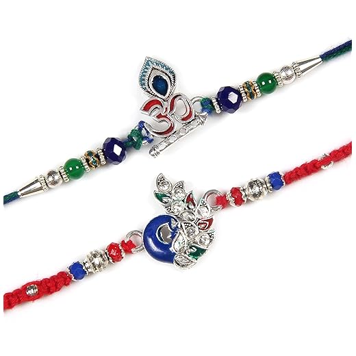 ARTISENIA Peacock AD Rakhi Set of 2 Rakhi for Brother with Raksha Bandhan Greeting Card | Roli Chawal Tika - Raksha Bandhan Silver Om Rakhi for Brother | Rakhi for Bhaiya | Rakhi Thread RNJ0020