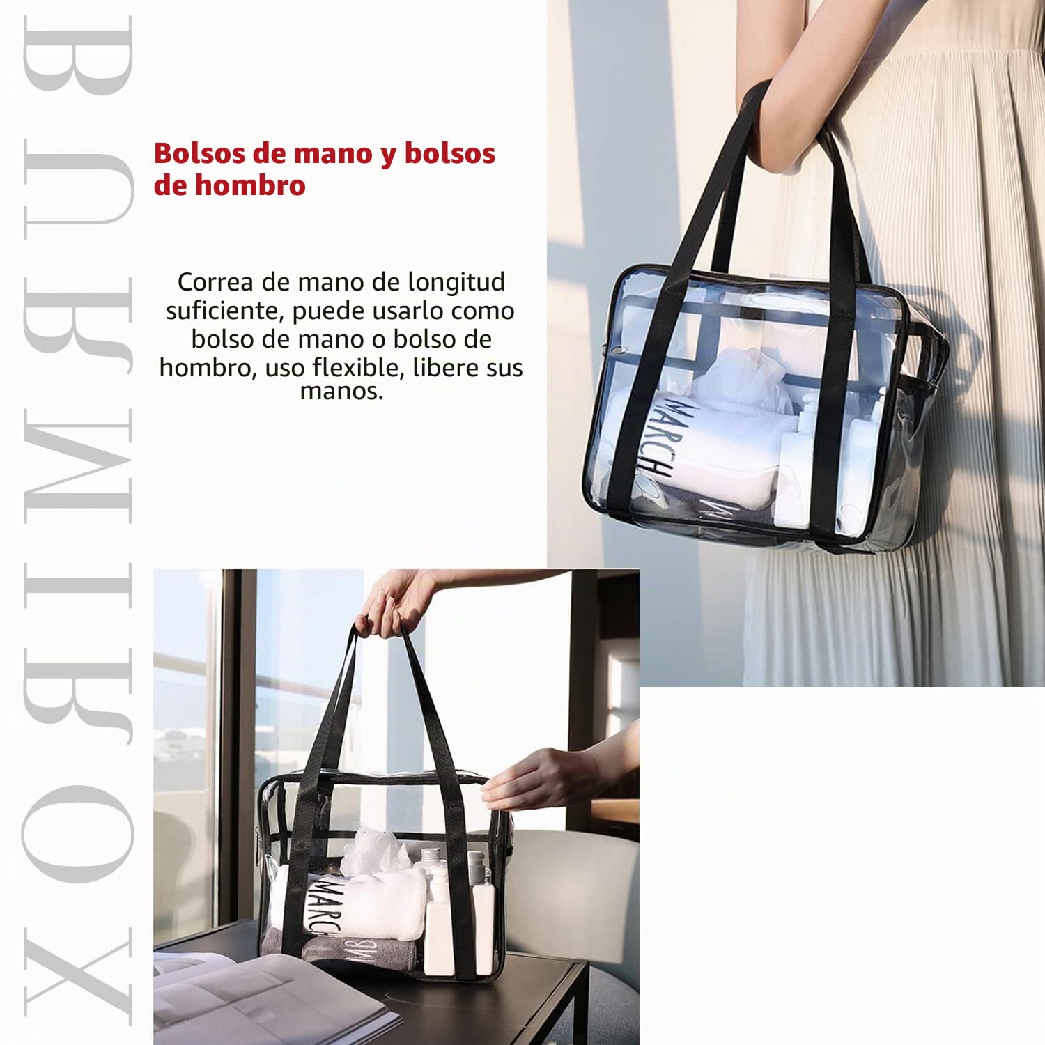 Bolsa Tote Transparente Aprobada para el Estadio, Bolsa de Aseo, Correa para el Hombro, Impermeable para Mujer y Hombre