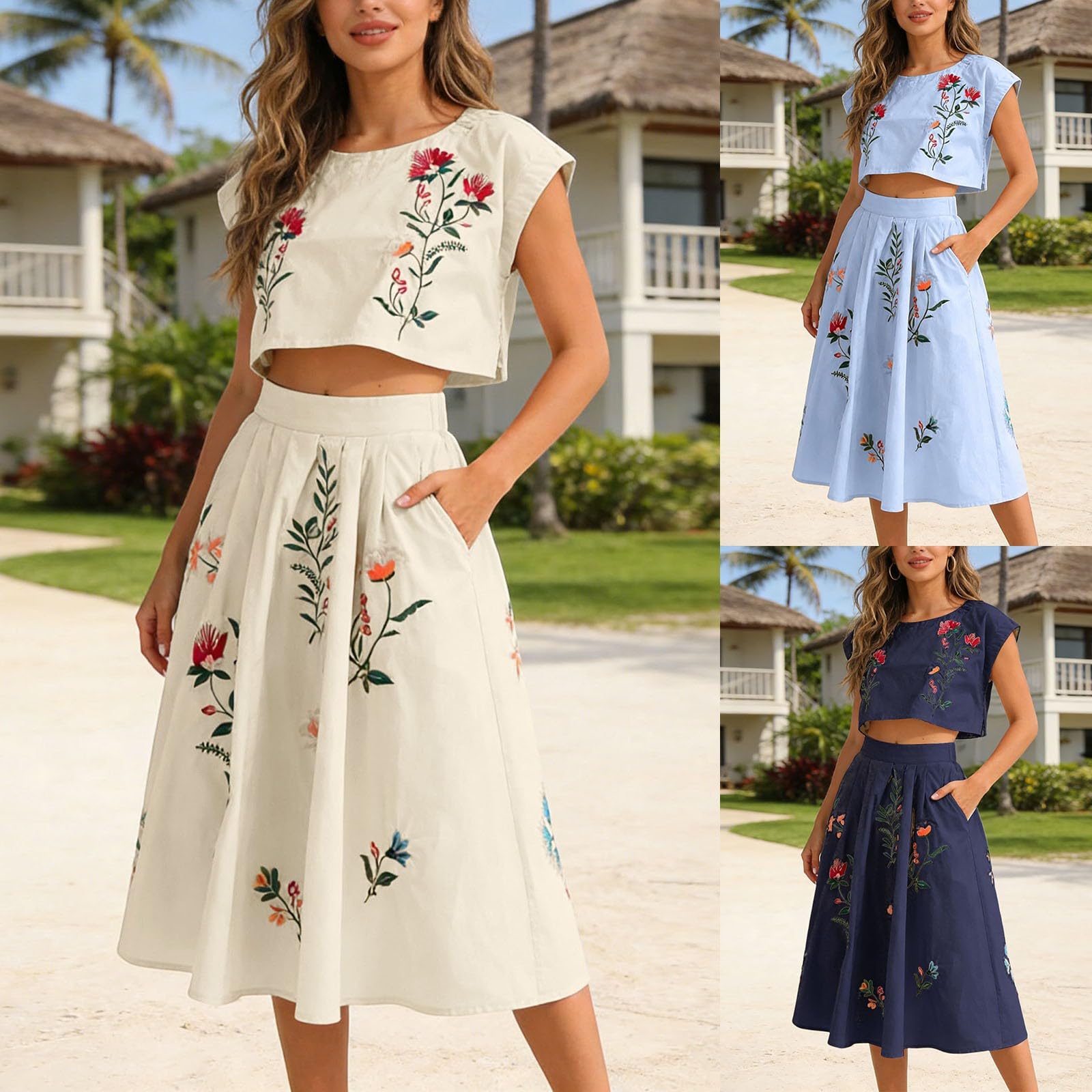 Générique Set da donna 2 pezzi stile etnico bohemian chic ed elegante estate ricamo tuta manica corta bohemien top e gonna mezze lunghe abito tradizionale chic outfit estivo abito da spiaggia