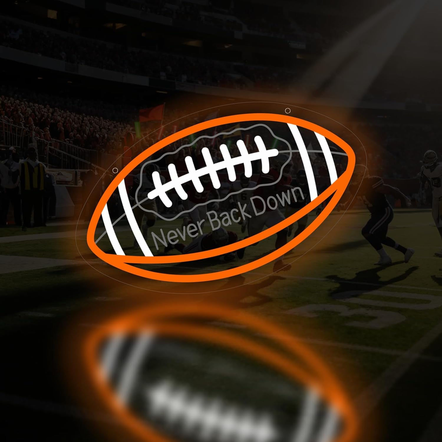 American Football LED Neon Sign - "Never Back Down" Motivational Sports Decor for Home Gym, Man Cave, Fan Cave, Bedroom - Realistic Stitching Design with Orange & White Light - Unique Gift for Athletes(13.4x8inch)
