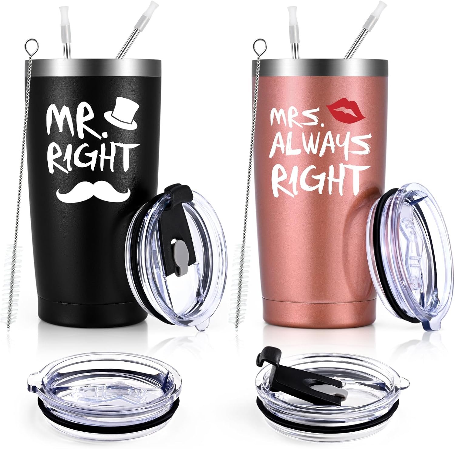 Qtencas Mr. Right Mrs. Always Right Travel Tumbler Set, Wedding Engagement Gifts for Husband Wife Newlywed Couples Bride Groom Anniversary, 20oz Stainless Steel Tumbler, Black and Rose Gold