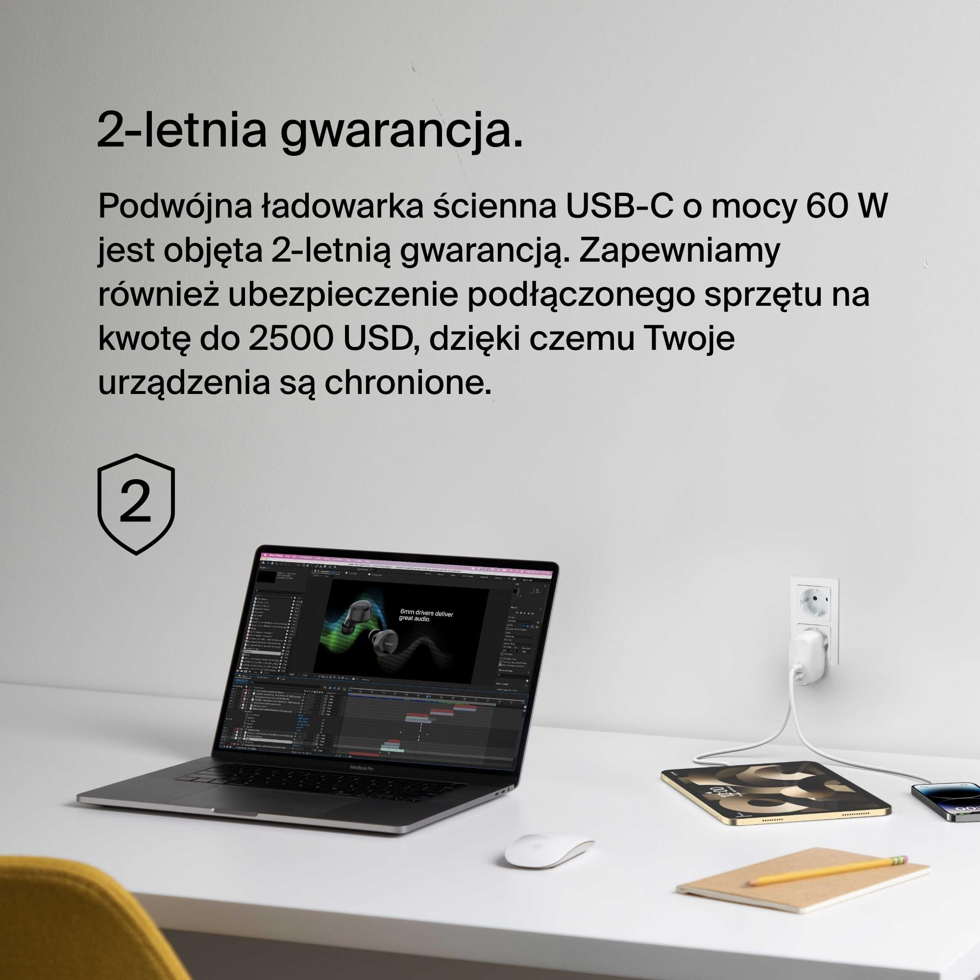 Podwójna ładowarka BelkinBoostChargeUSB-C z PPS 60 W do urządzeń Apple, Samsung i Google – zgodna z kablami Lightning oraz USB-C – kolor biały, WCB010VFWH