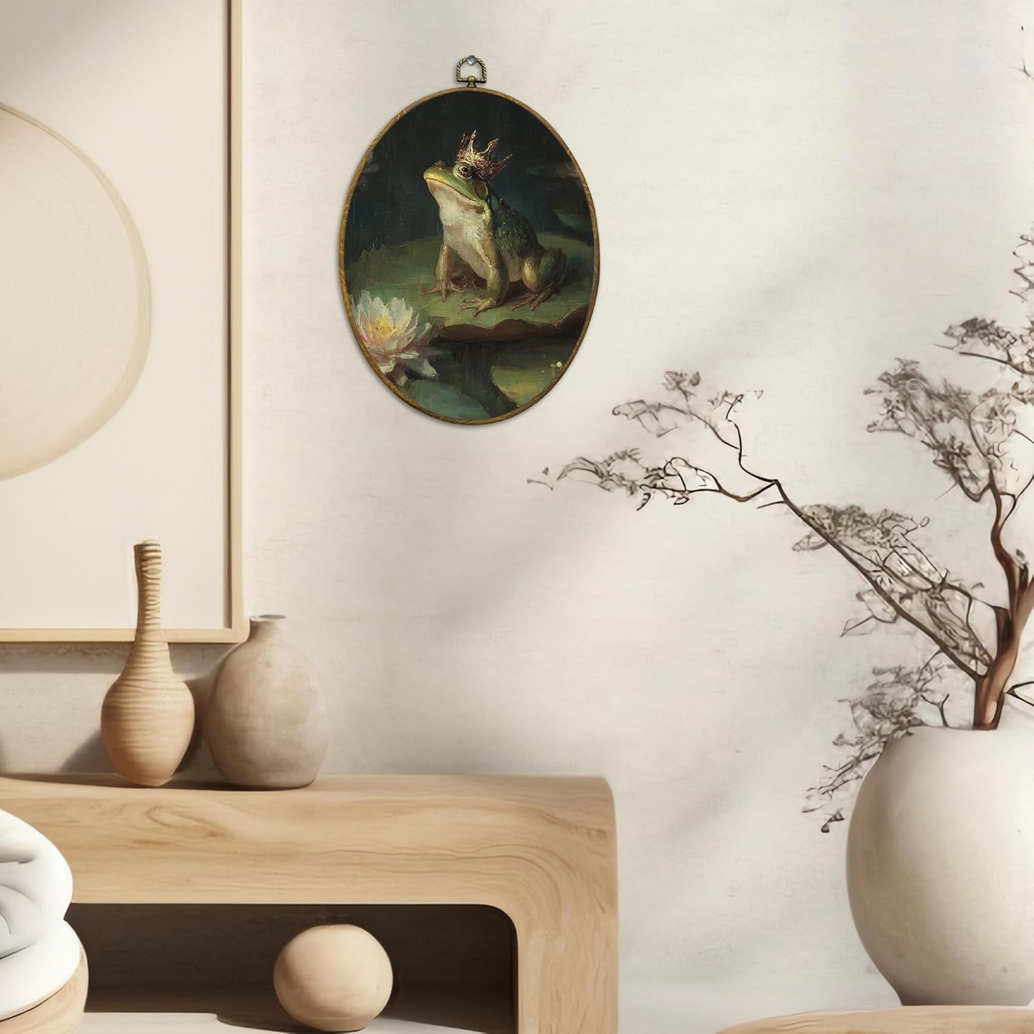 CUANFDDSF Vintage Frog Oval Wall Art Decor, Fantasy Cottagecore Botanical Wall Hanging Decor, Rustic Whimsical Floral King Frog Framed Canvas Prints for Home Bedroom Living Room, 8.6x11.4 Inch - view 3