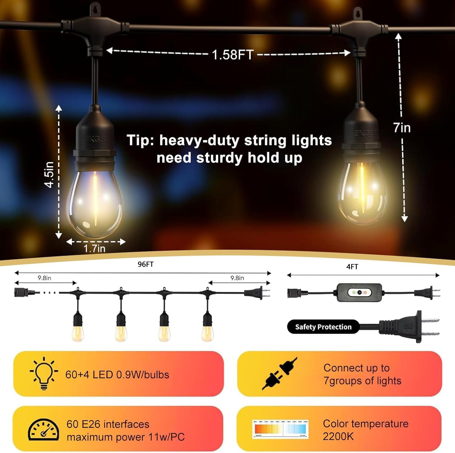 100ft led outdoor string lights with 60+4 waterproof bulbs(1.5ft bulbs spacing), remote & dimmer, commercial grade patio lights with 3 mode light & timing, 100pc ties 100ft with 64 bulbs