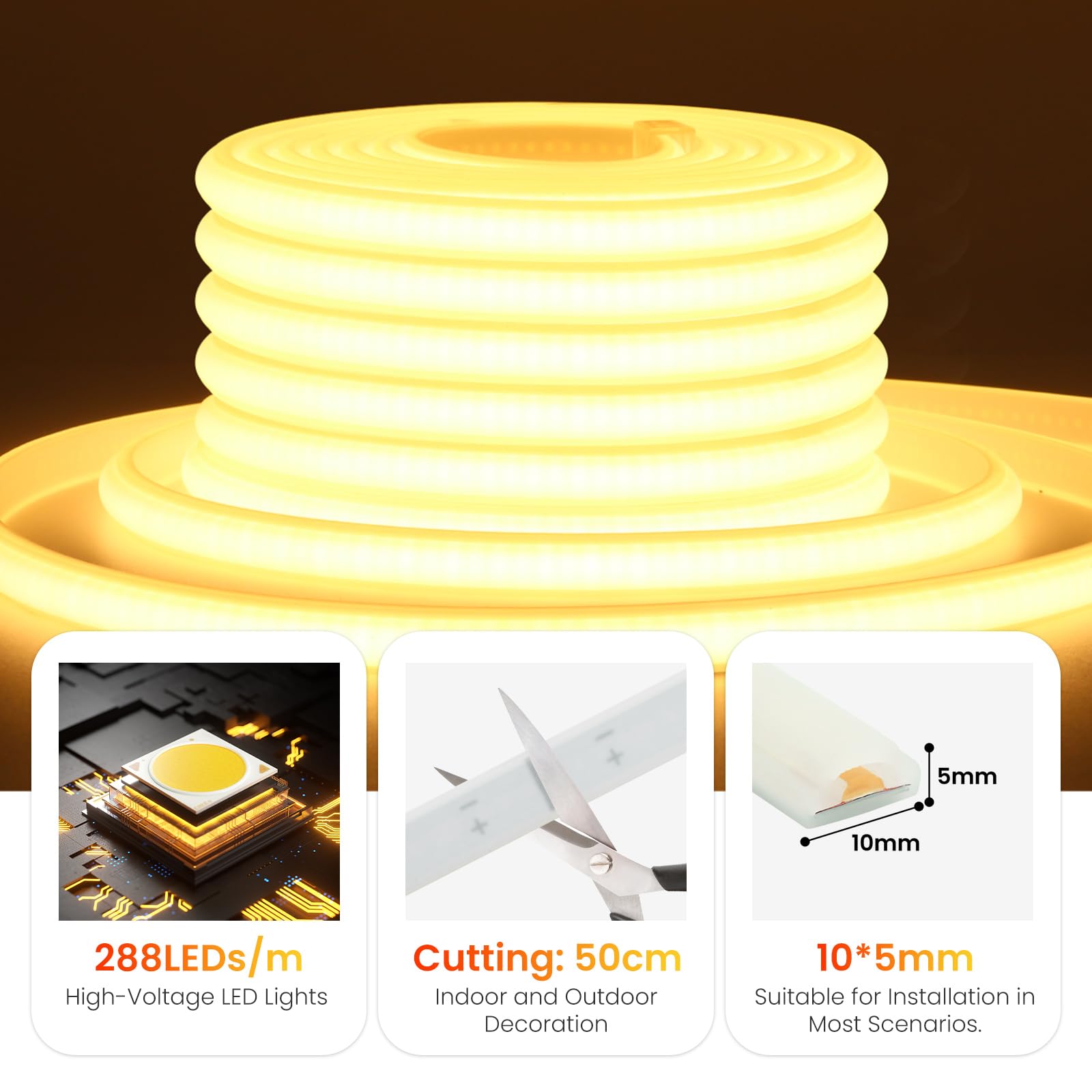 KISUFU Tira LED COB 220V, 288 LEDs/m IP65 Impermeable Neon Luces de LED Light Strip con Temporizador de 3 etapas de 4 teclas Para Habitacion, Dormitorio, Patio.