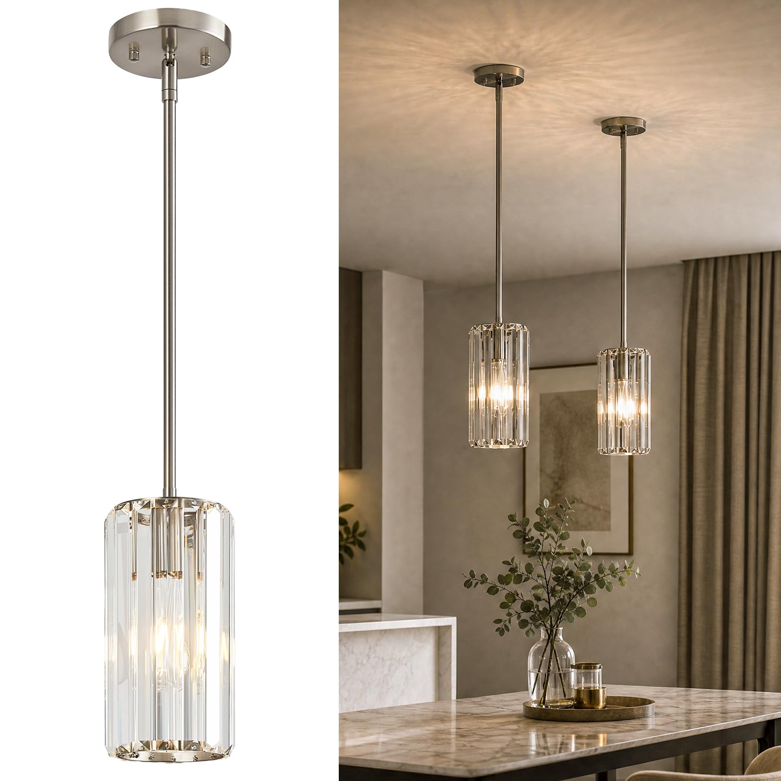 Nickel Pendant Light, Mini Crystal Chandelier Adjustable Fixture 2-Pack