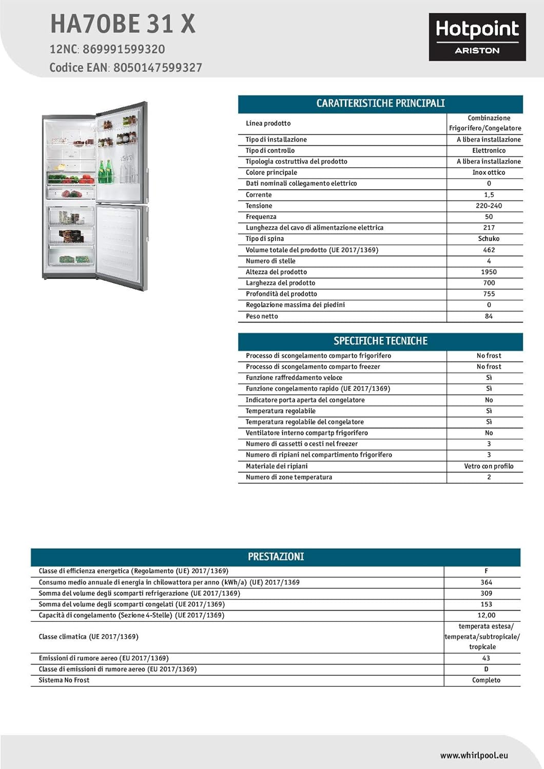 Hotpoint HA70BE 31 X, Frigorifero combinato no frost a Libera installazione, F, 444L [Classe di efficienza energetica F]
