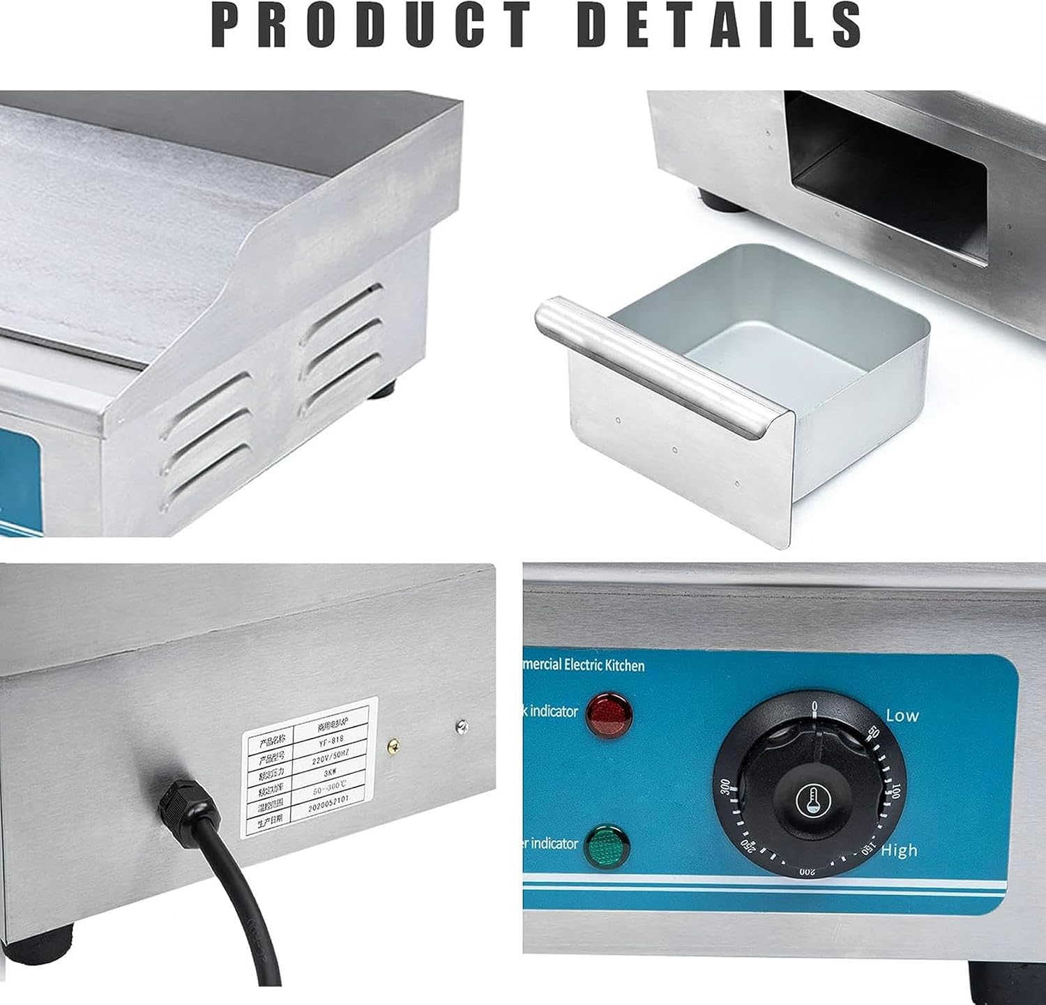 Electric Countertop Flat Top Griddle, 4400W Stainless Steel Commercial Restaurant Teppanyaki Grill with Adjustable Temperature Control 0°C-300°C, for Home Use