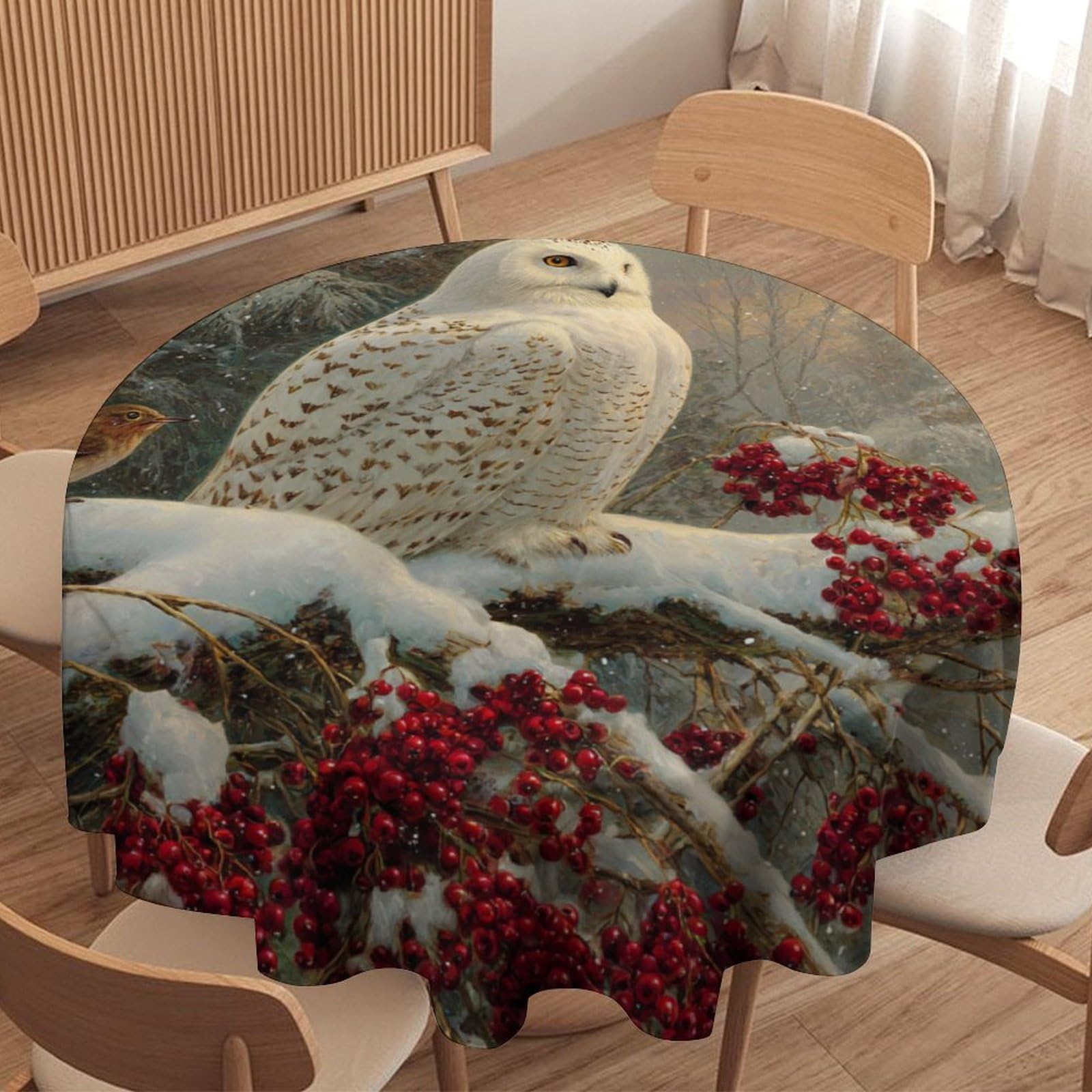 LUYYSKY Retro Beautiful Winter Owl Waterproof Round Tablecloth Abstract Oil Painting Snowy Forest Landscape Animal Owl Washable Table Cover for Kitchen-127 Wx127 L cm