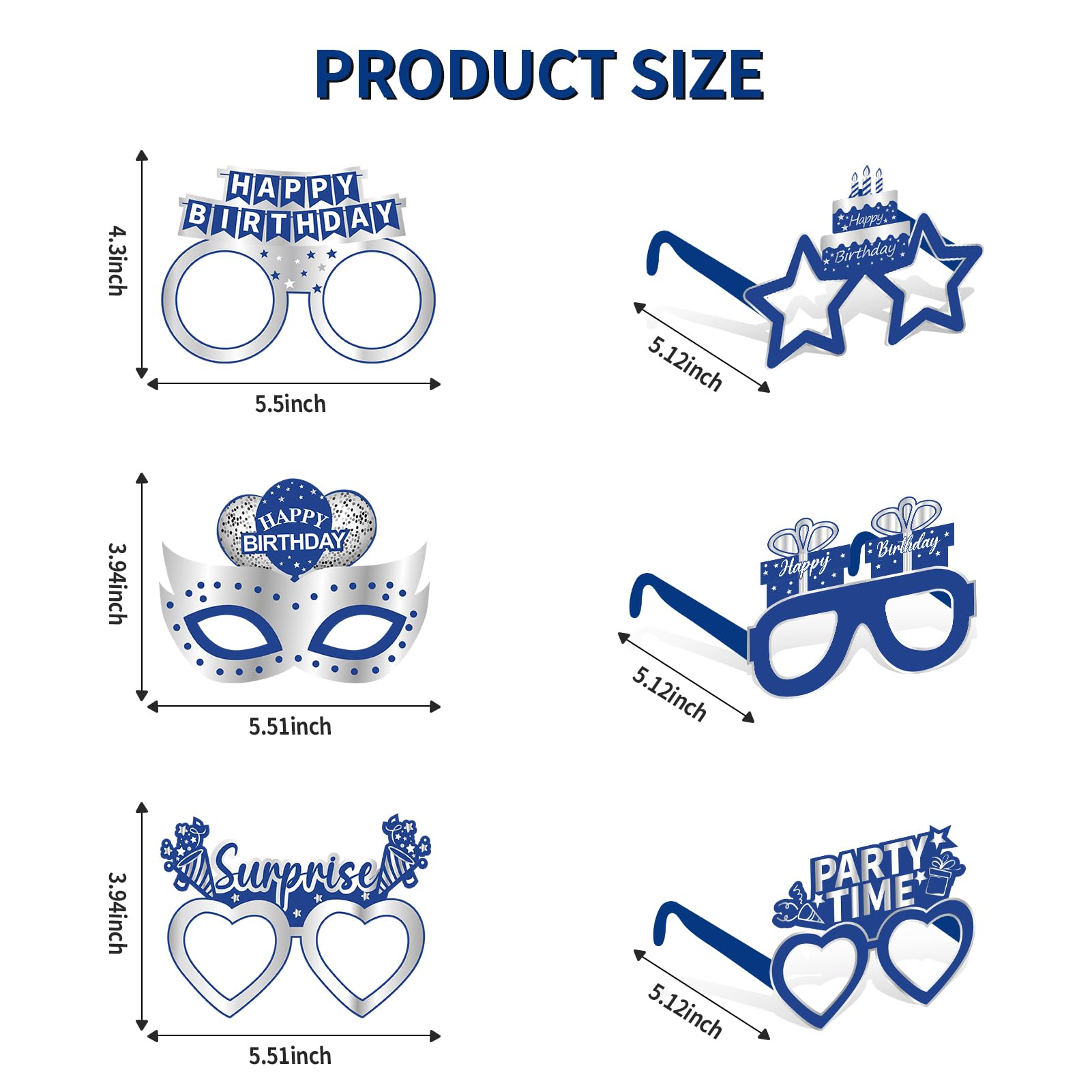 Kuxriox 24Pcs Blue Happy Birthday Eyeglasses Decorations for Men Boys, Blue Silver Happy Birthday Paper Eyeglasses Party Supplies, 16th 18th 21st 30th 40th 50th 60th Birthday Glasses Decor