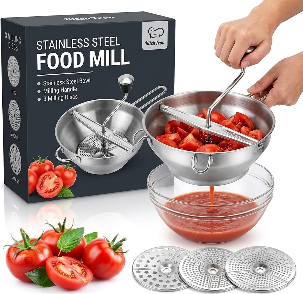 Food Mill with 3 Grinding Milling Discs,Bowl & Milling Handle Safe Stainless Steel meal grinder Perfect food mill for tomato, Potato Masher, Vegetable Chopper, Baby Food Processor (Silver)