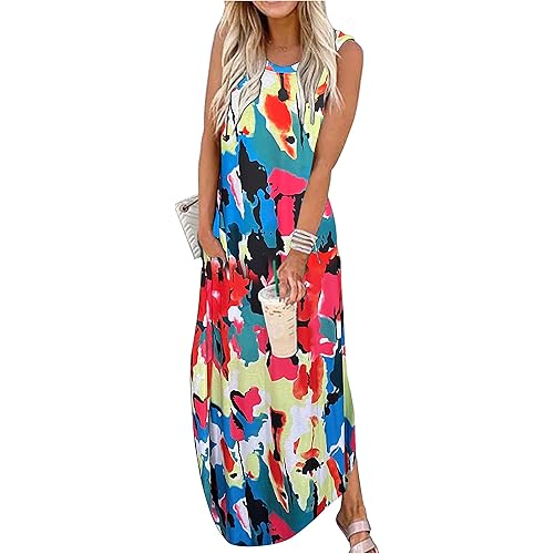 CHUNTIANRAN Women's Maxi Dress Summer Casual Sundress Sleeveless Long Dresses Hawaiian Beach Maxi Dress with Pockets