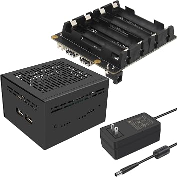 Geekworm X1202 4-Cell 5V UPS Shiled+X1202-C1 Metal Case+DC 12V 5A 60W Power Adapter for Raspberry Pi 5| Max 5.1V 5A Output|Wide 6-18V Input|Auto Power On|Safe Shutdown|Power Loss Detection