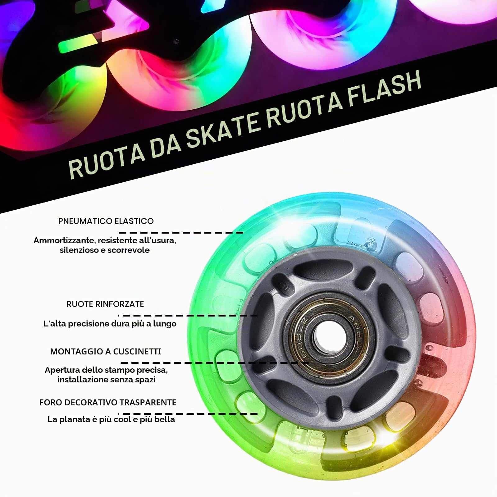 Ruote per Pattini in Linea: 8 Pezzi 72mm Ruote di Ricambio per Pattini in Linea per Esterni e Interni, Puleggia Argento Trasparente con Cuscinetti, Ruote per Pattinaggio a Rotelle