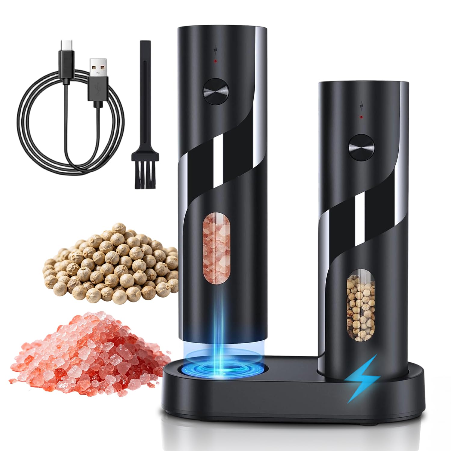 Moulin à Sel et Poivre Électrique avec Station de Charge–Contenant 110 ml,Recharge USB, 5 Niveaux de Mouture Réglables,Mécanisme de Broyage en Céramique,Incl.Brosse de Nettoyage et Éclairage LED.