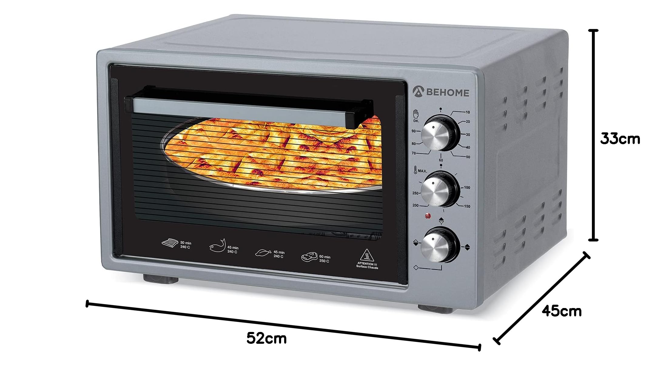 BEHOME Forno Elettrico Ventilato 38 litri con Girarrosto, Autopulente e Smaltato, Temperatura fino a 320° Doppio Vetro con Luce Interna e Timer 2 Teglie e 1 Griglia (Grigio)