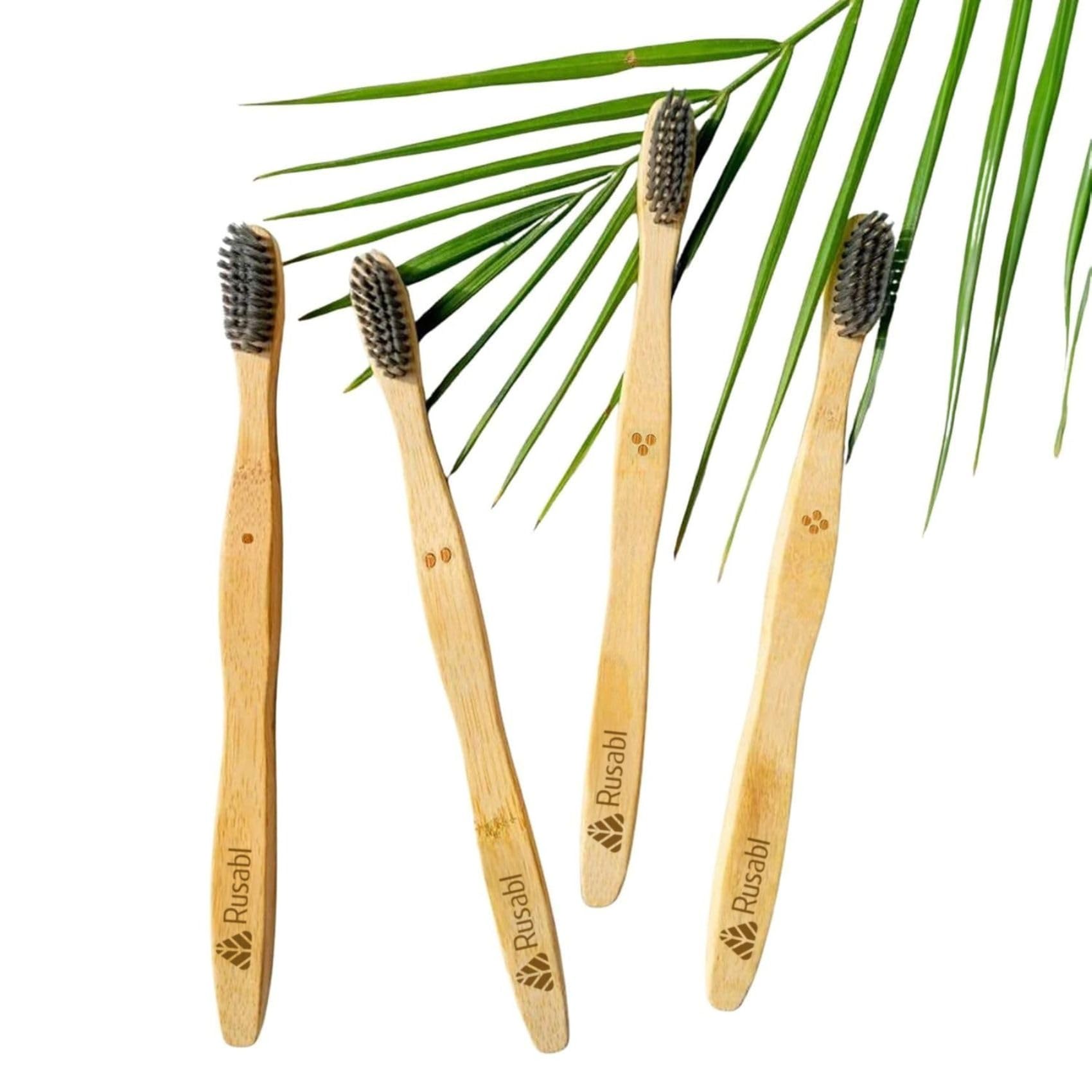 Rusabl Organic Bamboo Toothbrush for Adults (Pack of 4) Manual, Charcoal Activated Soft Bristles, Identification Marks, Biodegradable, Anti-Bacterial, Eco-friendly, Natural
