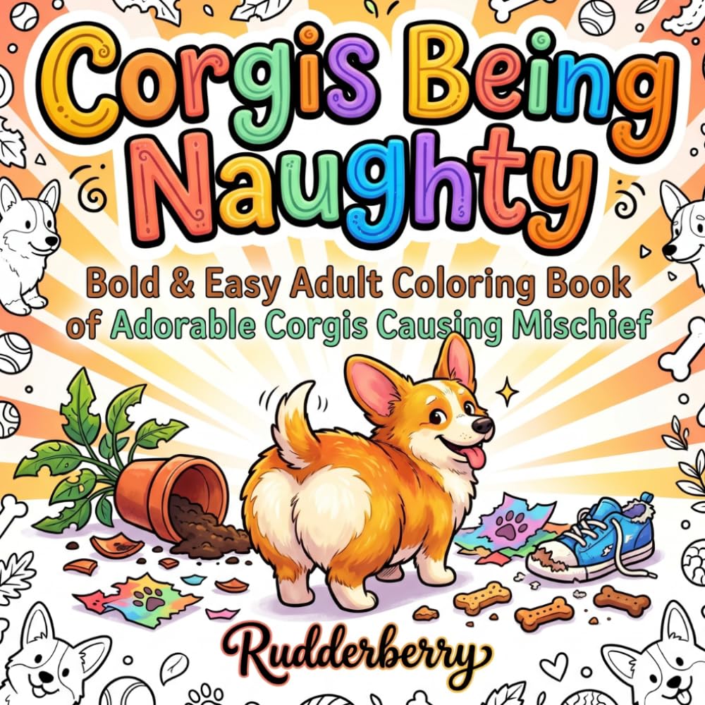 Corgis Being Naughty: Bold & Easy Adult Coloring Book: 50 Hilarious Illustrations of Adorable Mischievous Corgis Stealing Food, Shredding Pillows & More (The Rudderberry Corgi Collection)