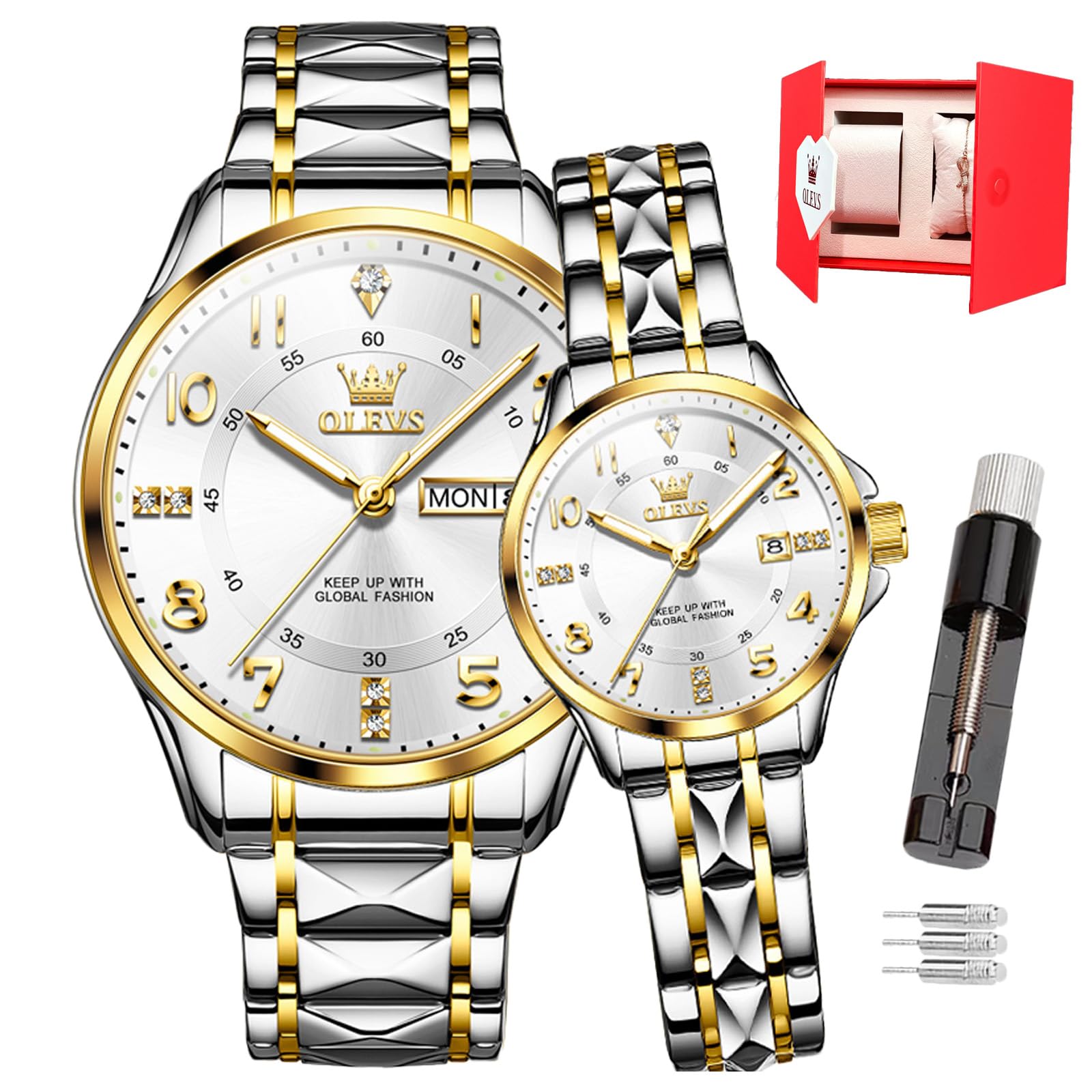 OLEVS Paar Uhr für Sie und Ihn, analoge Quarzuhr, für Damen und Herren, wasserdicht, Leuchtend, Datum, Armbanduhr, romantische Geschenke für Paare | romantische Geschenke für Paare, für Damen und Herren, wasserdicht, Leuchtend, Datum