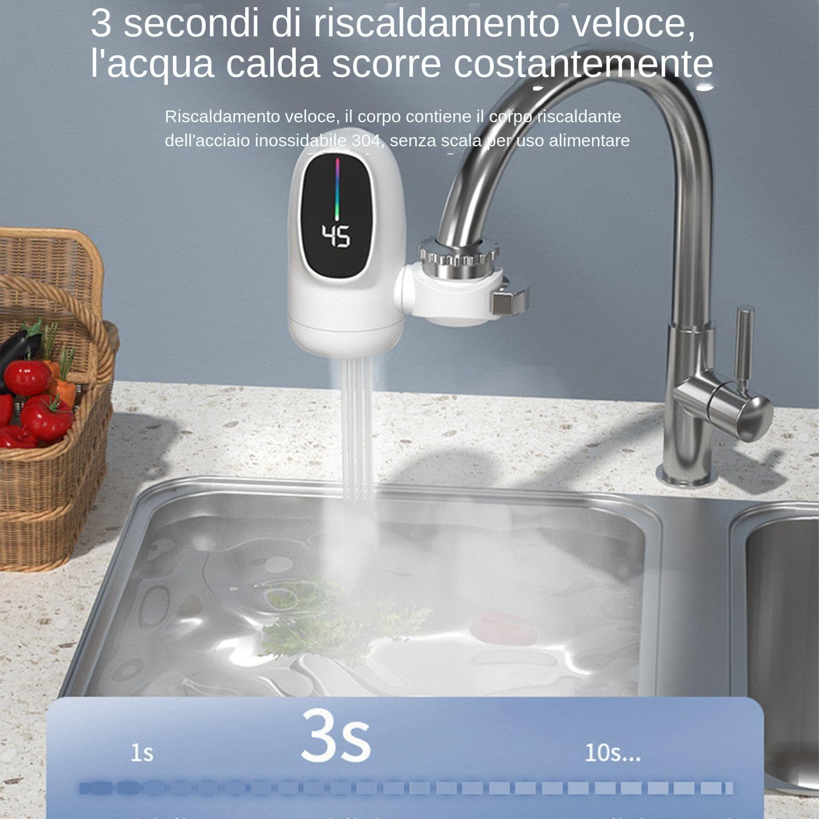 Rubinetto Acqua Calda Istantanea - Scaldacqua Istantaneo Senza Serbatoio con Display Digitale a LED | Accessori Idraulici per Interni Casa Hotel