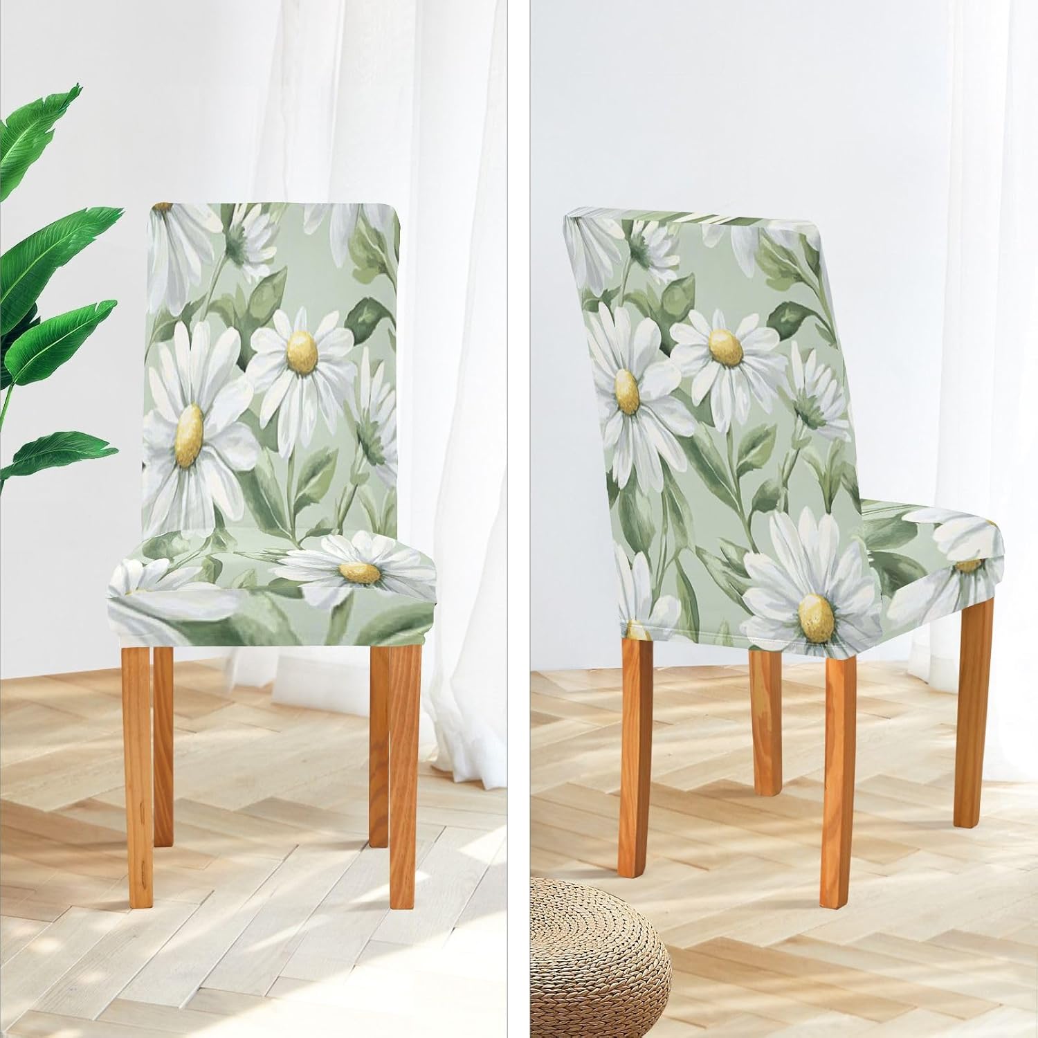 ALAZA Chair Covers for Dining Room, Daisy Flower on Green Stretch Chair Cover Sets Chair Protector Removable Washable for Ktichen Restaurant Hotel