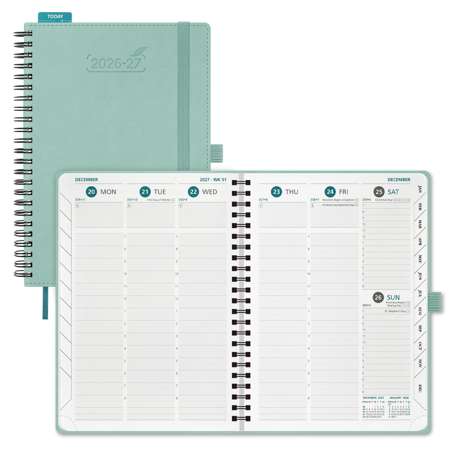 BEZEND A5 Academic Diary 2026-2027 Week to View (Jul 26 - Dec 27) Spiral. Vertical Weekly Planner with Time Slots & Tabs. Appointment Diary for Home School Office. PU Leather Softcover, Mint Green