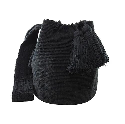 WAYUU bag plain color Colombian handmade crossbody mochila colorful strap (Black)
