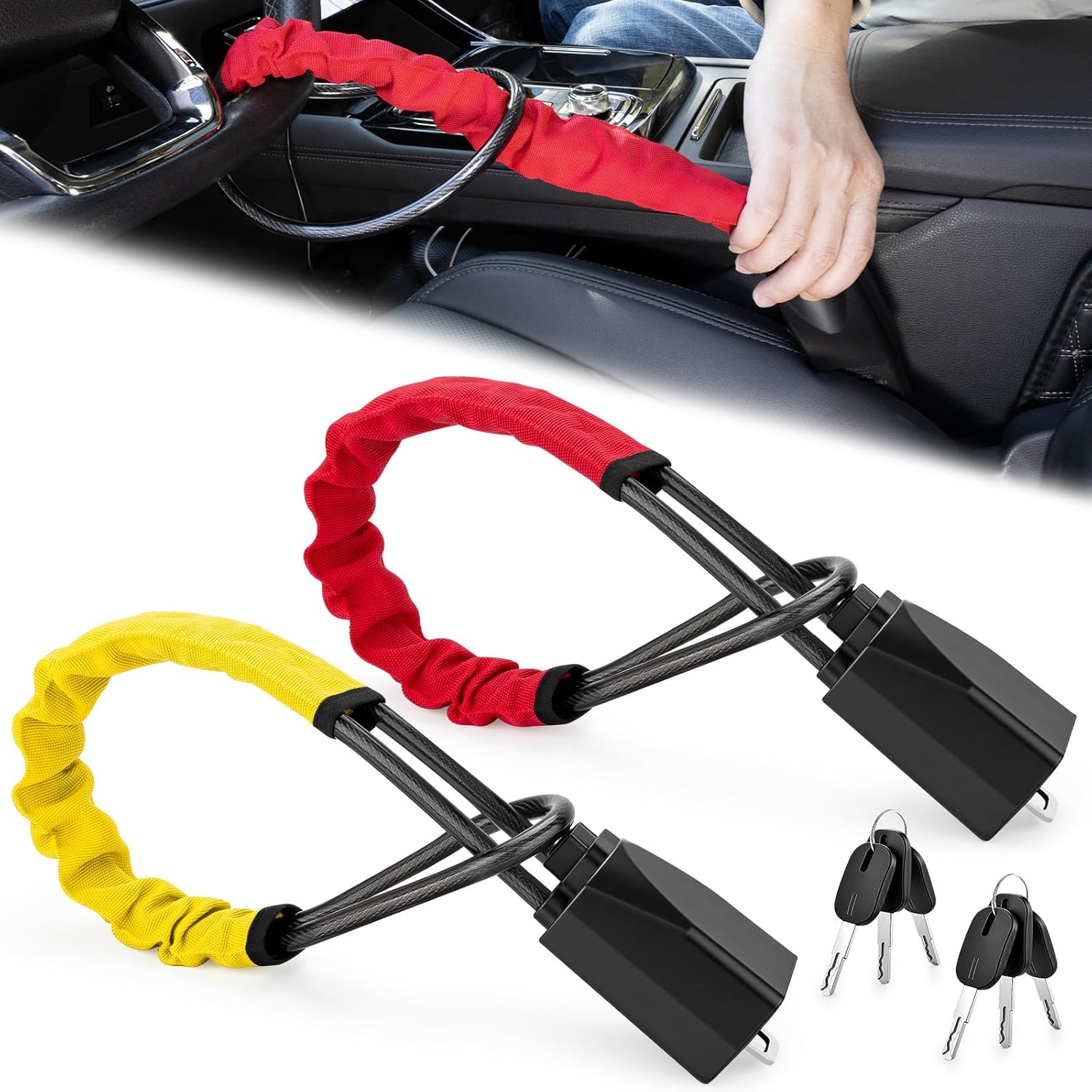Steering Wheel Lock 2 Pack Steering Wheel & Seat Belt Lock Anti Theft Car Device 17 Inch Adjustable Universal Lightweight Compact Design Easy Storage Security Lock Fit Most Cars SUVs Trucks Vans