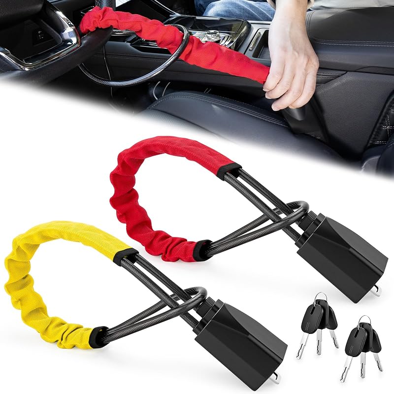 Bloqueo del volante Paquete de 2 Bloqueo del volante y el cinturón de seguridad Dispositivo antirrobo para automóvil de 17 pulgadas Ajustable Universal Ligero Diseño compacto Fácil almacenamiento Bloqueo de seguridad Ajuste para la mayoría de los automóviles SUV Camiones Camionetas