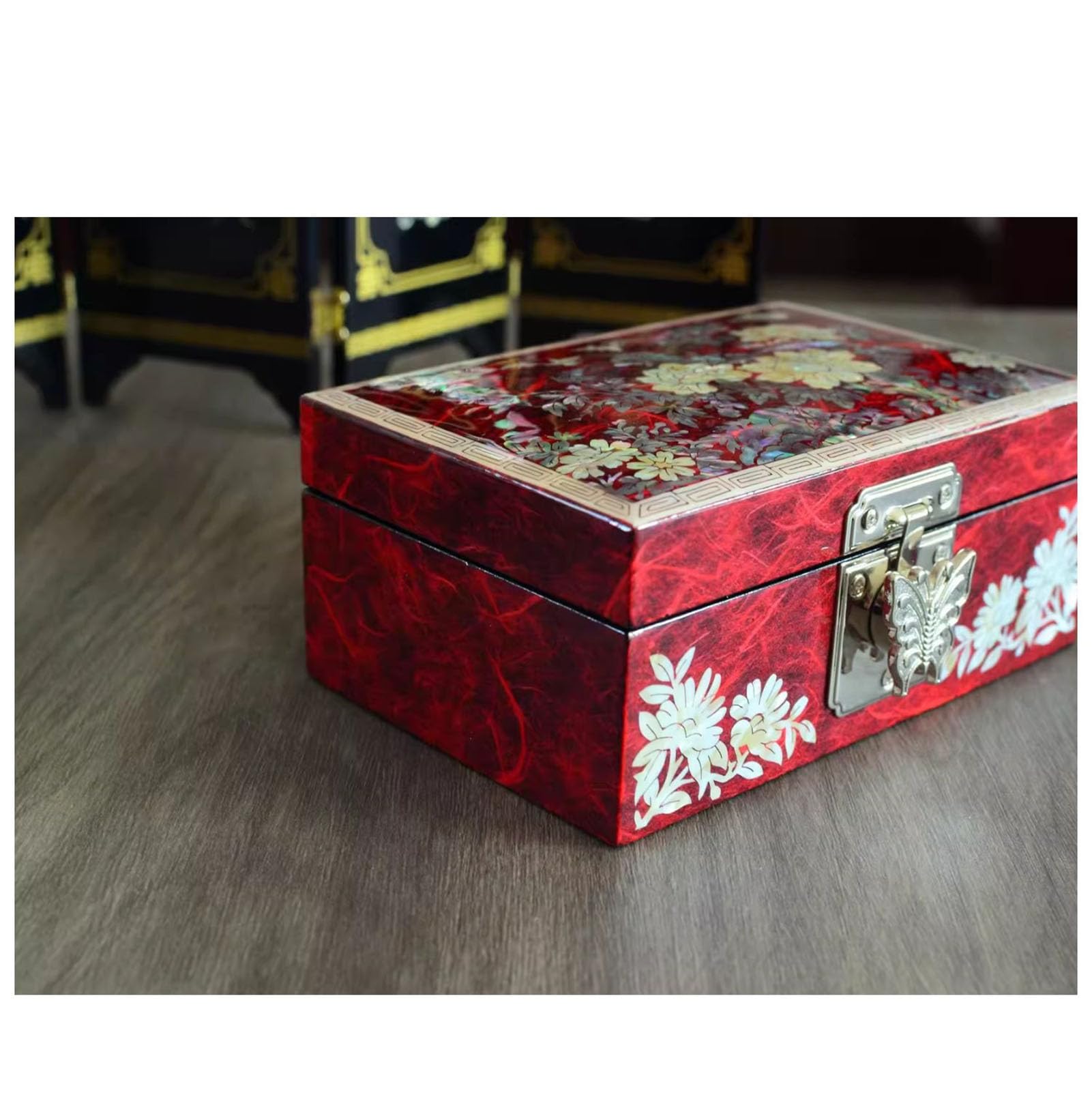 Scatola Porta Gioielli in Legno Laccato Madreperla | Presenta una spaziosa fodera interna, ideale per anelli, bracciali, orologi, catene, accessori, per gli appassionati