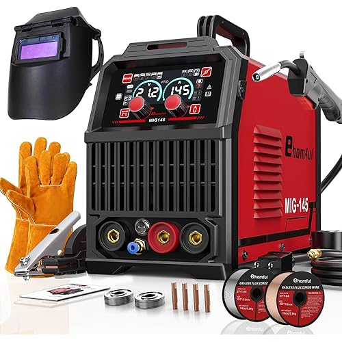 Ehomful 145A Mig Welder 110v/220v,Gas MIG/Gasless Flux Core MIG/Lift TIG/MMA/Stick Welder Machine, 4 in 1 Multi-Process Welding Machine with Synergy, IGBT Inverter,with Welders Helmet and Gloves