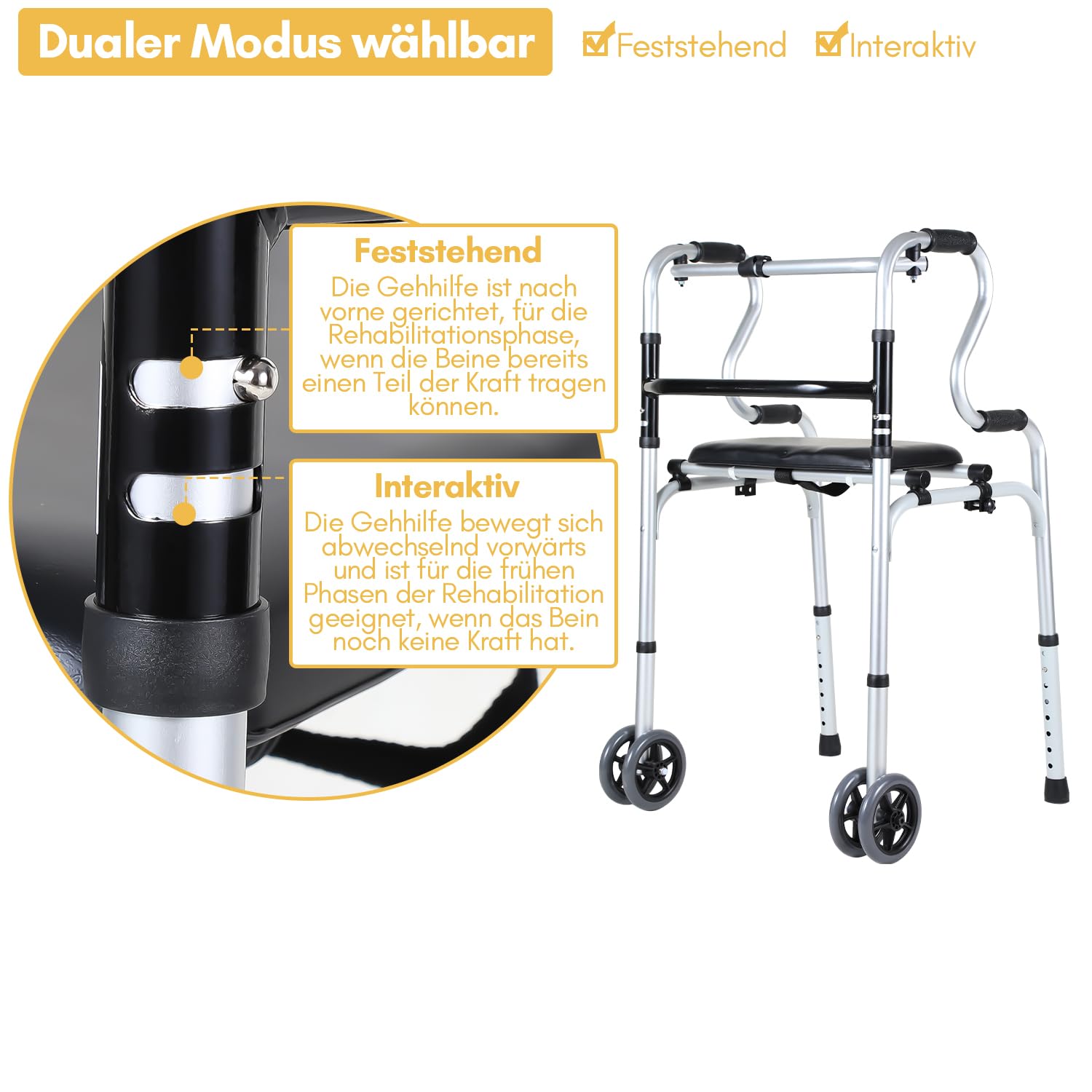 Fiqops Andador para personas mayores, con ruedas, para adultos, fácil de ajustar en altura, plegable, estable