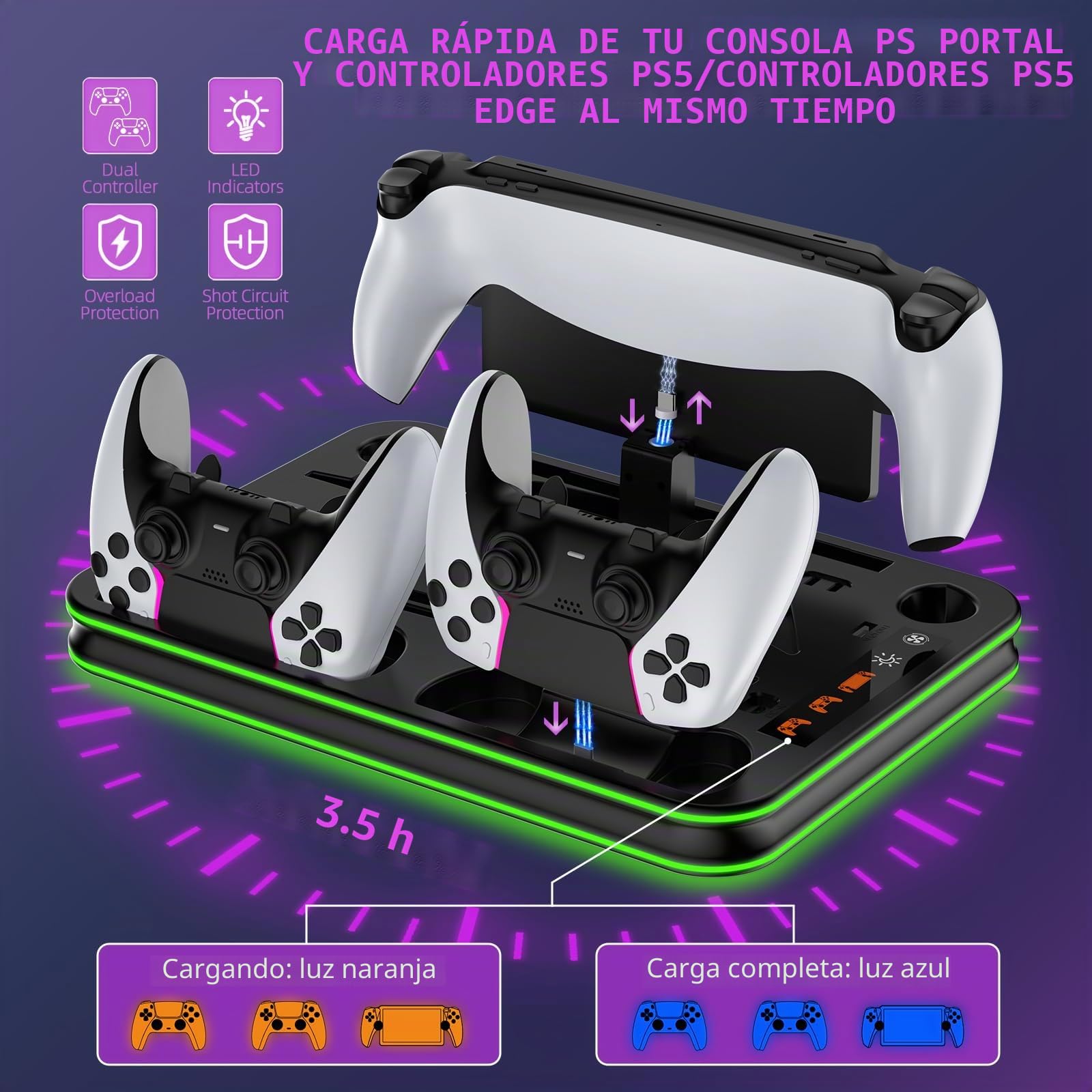 Soporte PS5 Pro/Slim/PS5 y estación de refrigeración con controlador de iluminación RGB, estación de carga para consola PlayStation 5, base de carga PS Portal, accesorios P5 Pro con ventilador