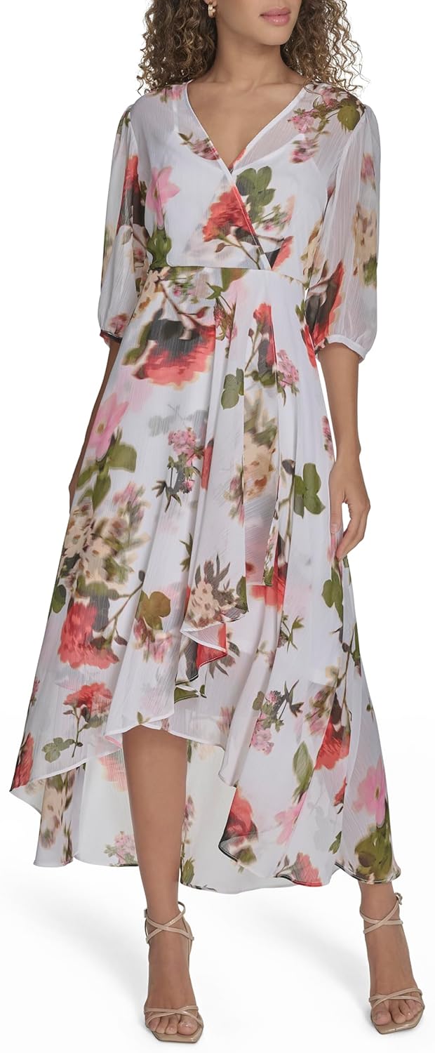 Calvin Klein Women's 3/4 Balloon Sleeve V-Neck Belted Wrap Midi Dress