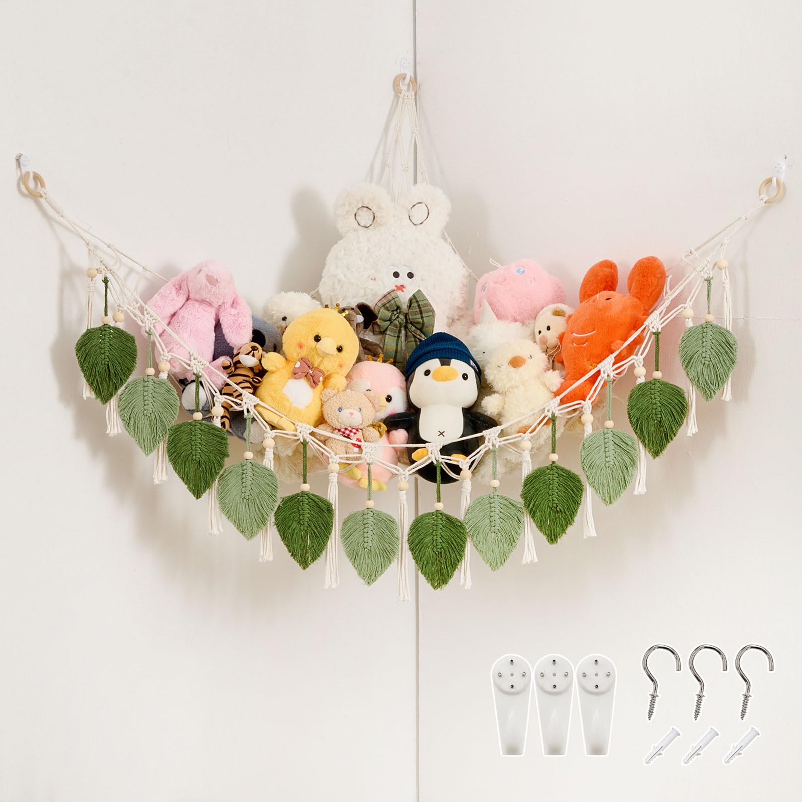 Pretty Jolly Macrame Leaf Wall Hanging Storage Hammock, 59" Boho Corner Organizer with Tassels, Stuffed Animal Plush Holder for Kids Room Nursery