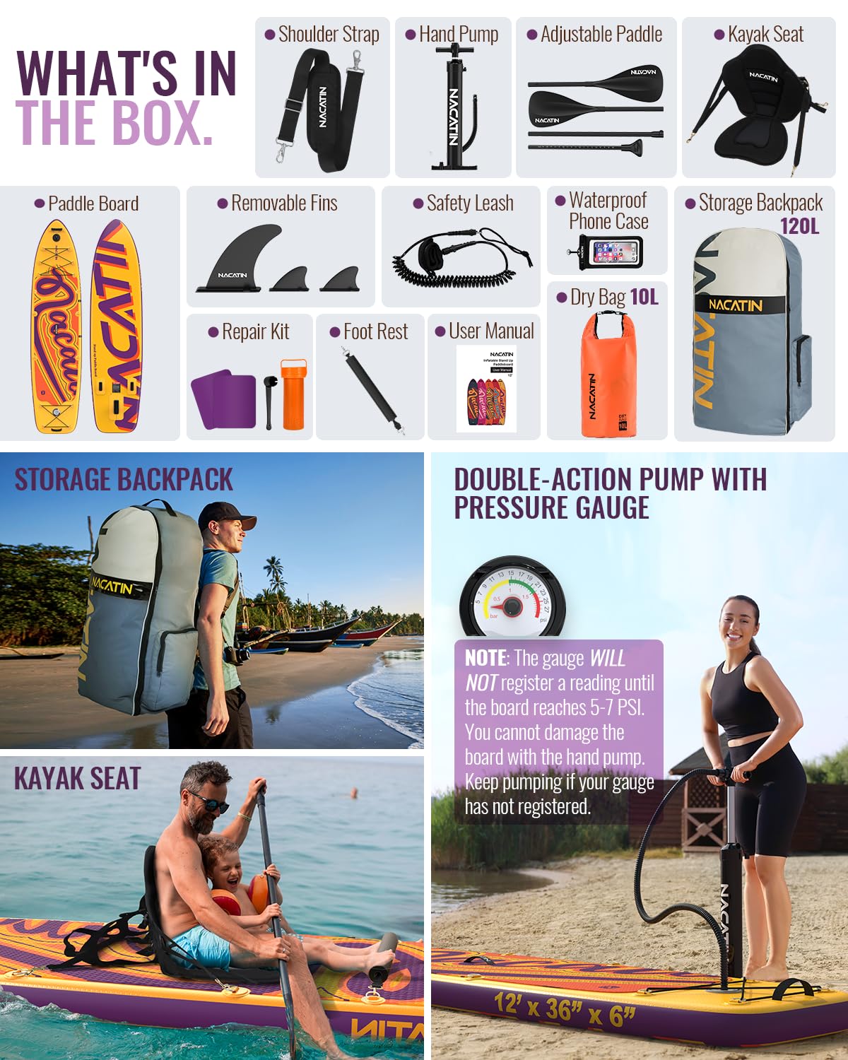 Tabla de paddle para la familia, tabla de remo hinchable de 12 pulgadas con kit de conversión de kayak, kit completo de surf para adultos, con remo individual o doble, asiento de kayak y otros