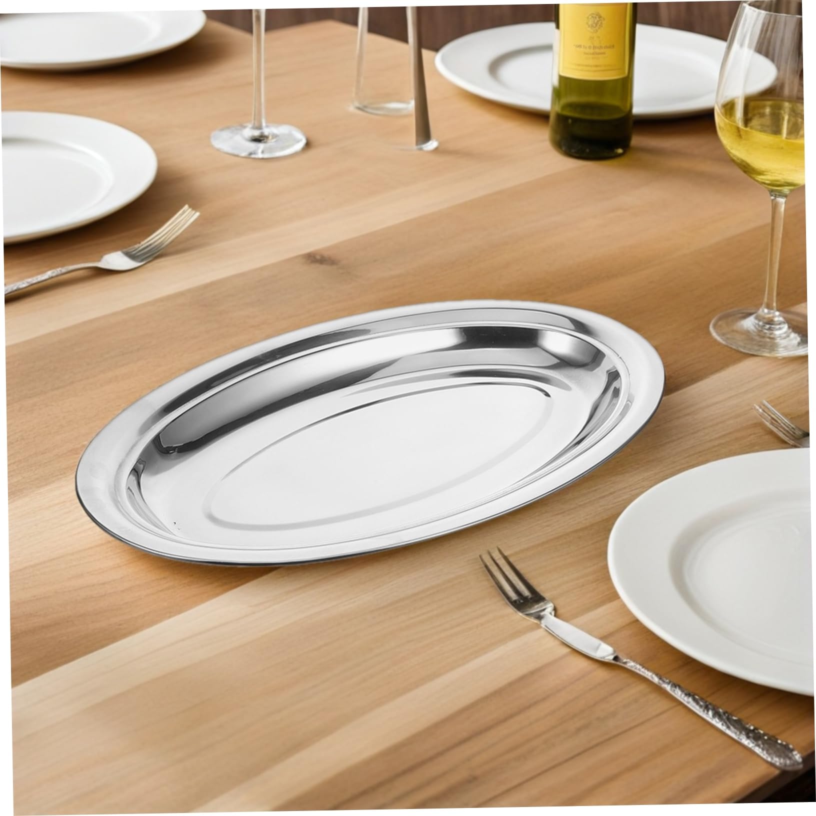 Plato para Servir Pescado Ovalado de Acero Inoxidable, 6 Piezas, 35 Cm | Platos Planos Grandes de Acero Inoxidable, Bandeja Ovalada para Servir Alimentos, Acabado Pulido