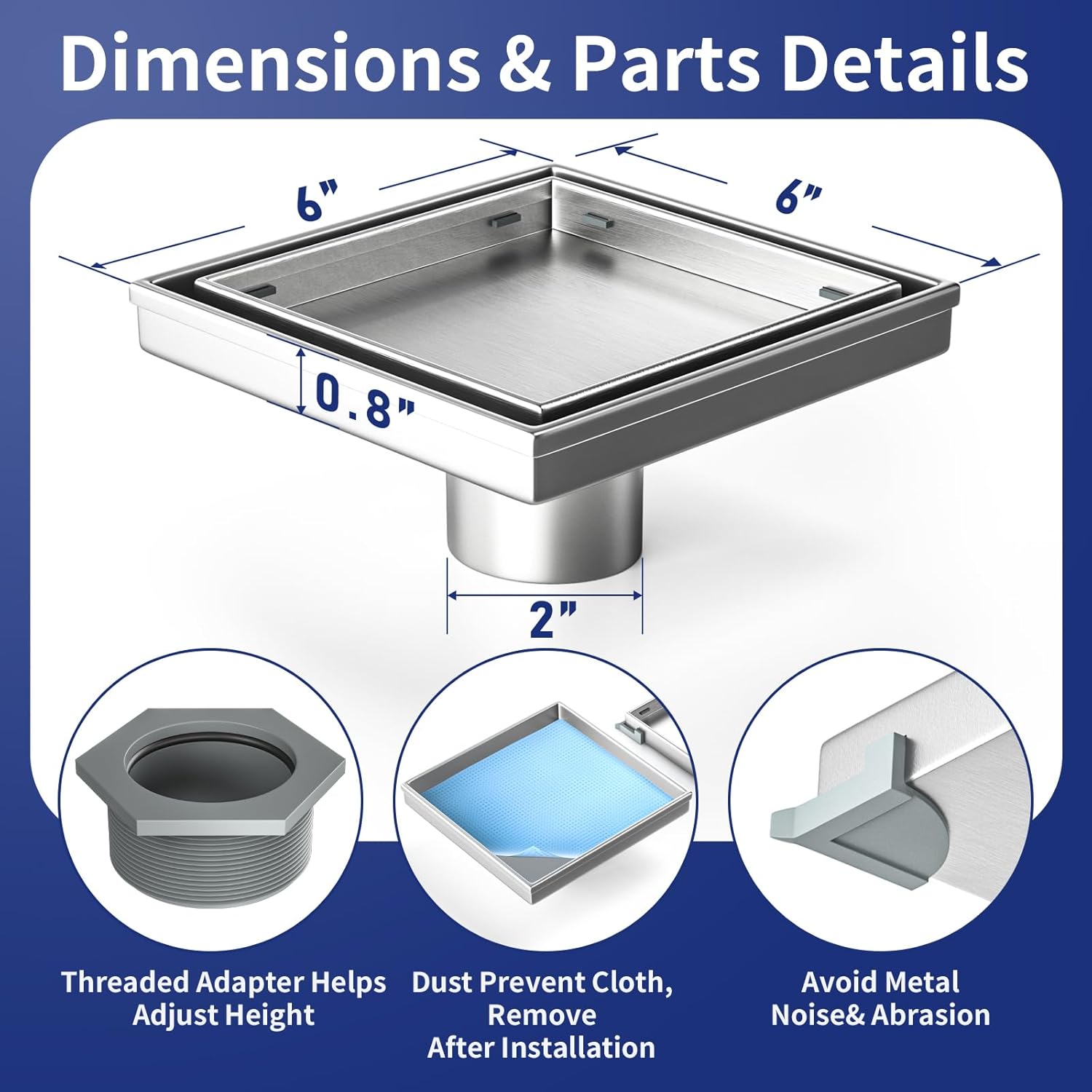 Square Shower Drain 6", Brushed Floor Drain with Tiled Insert Grate & Hair Strainer, 304 Stainless Steel Bathroom 2-in-1 Tiled in Drain, CUPC Certified (Brushed, 6'')