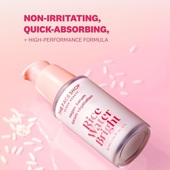 The Face Shop Rice Water Bright Vegan Serum - Targets Uneven Skin Tone & Dryness, Brightening, Nourishing, Hydrating - Rice Water, Hyaluronic Acid, Niacinamide - Korean Skin Care