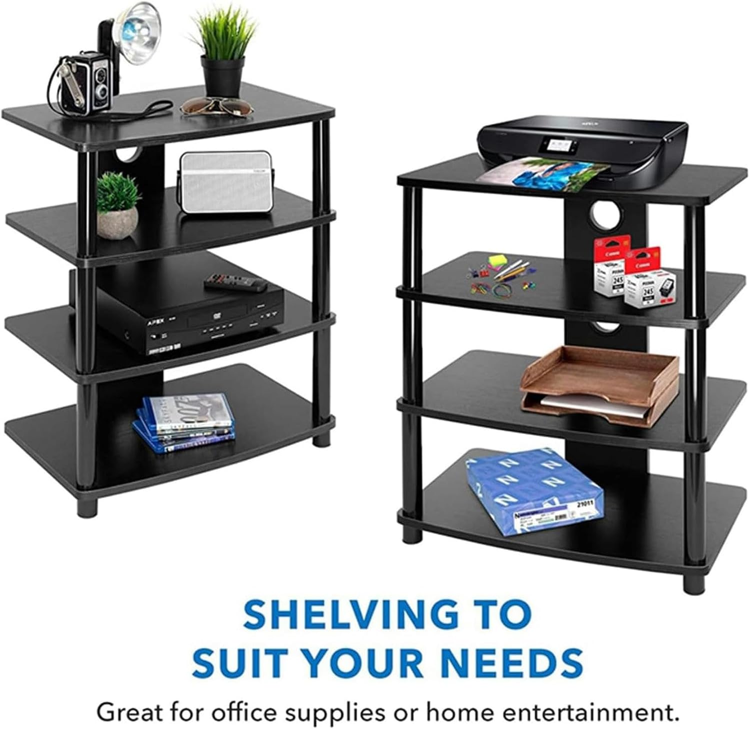 4-Tier Media Stand Audio/Video Component Cabinet with Wooden Shelf, Gaming TV Stand and Stereo Rack Corner Audio Tower Multi-Function Open Storage Rack for Home/Office/Theater