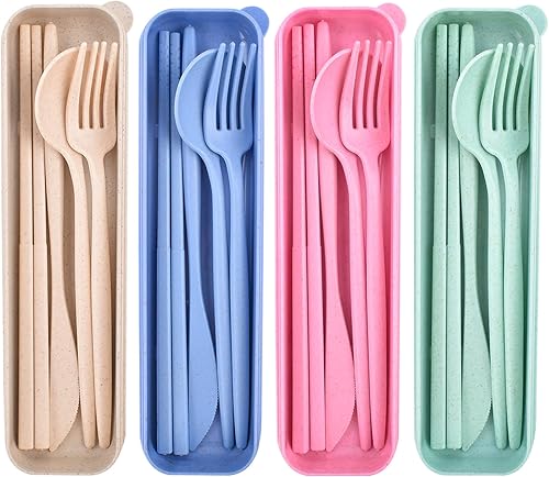 4 juegos de utensilios de viaje con estuche, juego de utensilios reutilizables con estuche, palillos de viaje de paja de trigo, cuchillo cuchara y