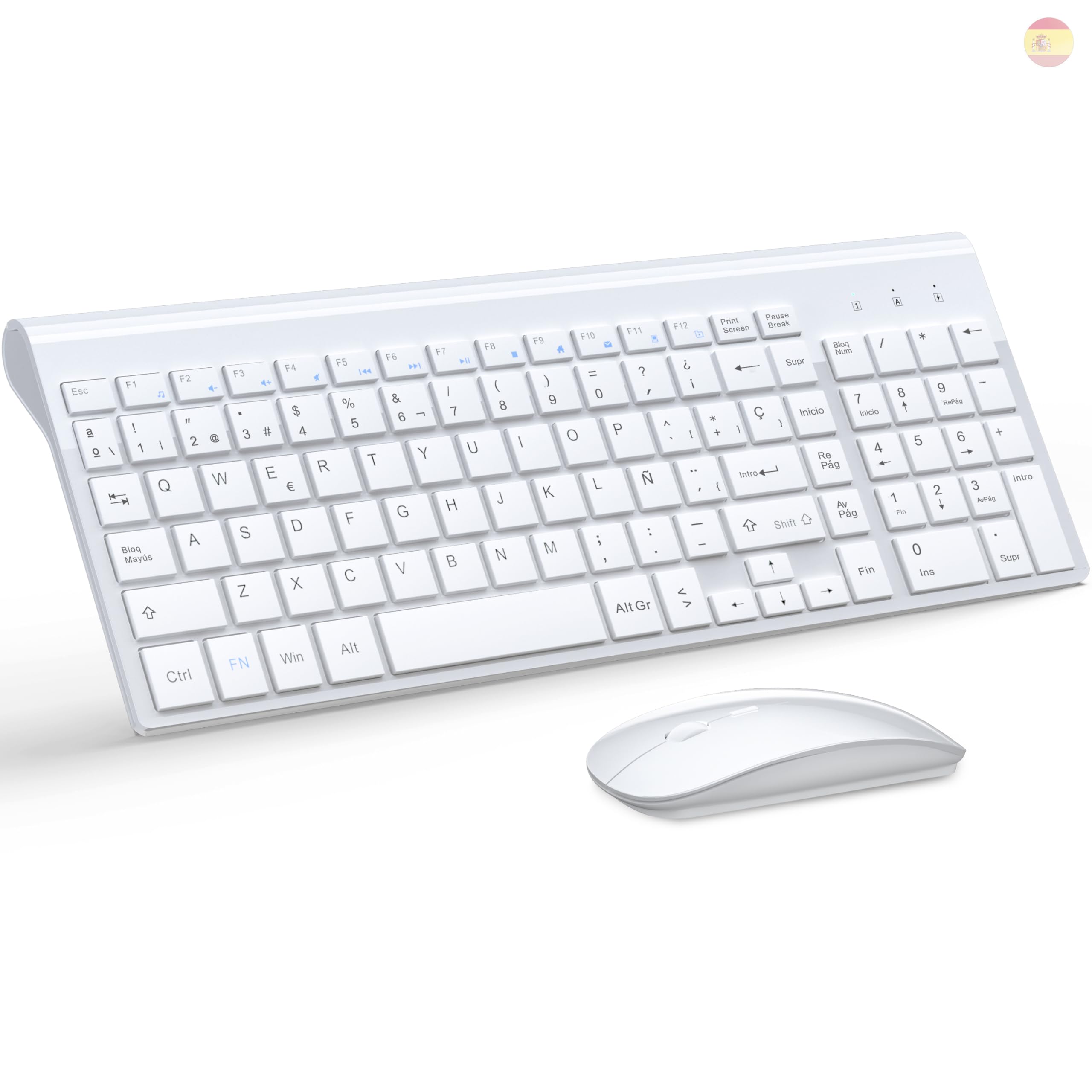 TopMate Pack Teclado y Mouse Inalámbricos Ultra Delgado, 2.4G USB Compacto Silencioso Kit 2400DPI Ratón y Teclado Español con Cubierta, Baterías 2AA y 2 AAA, para PC/Portatil/Windows/Mac - Blanco Recycled Claim Standard 100