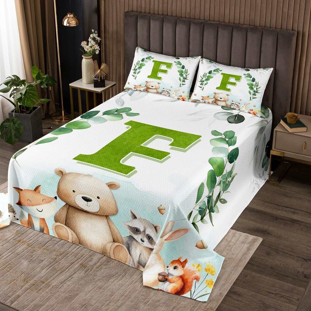 Erosebridal Initial Letter Coverlet Set - Birthday Gifts for Nursery Kids Boys Girls Cartoon Cute Woodland Animal King Size Bedspread Set Eucalyptus Leaves Bedding Sets(M)
