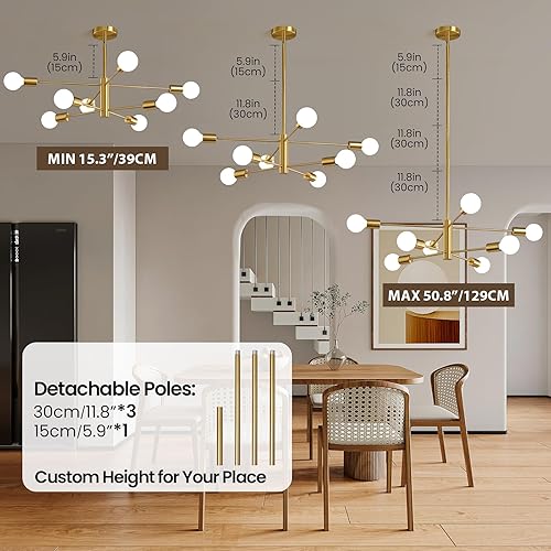 Miniatura 2 de KAISITE Lámpara moderna Sputnik de techo con 8 luces, lámpara dorada para comedor, altura ajustable, mediados de siglo, lámpara colgante de techo